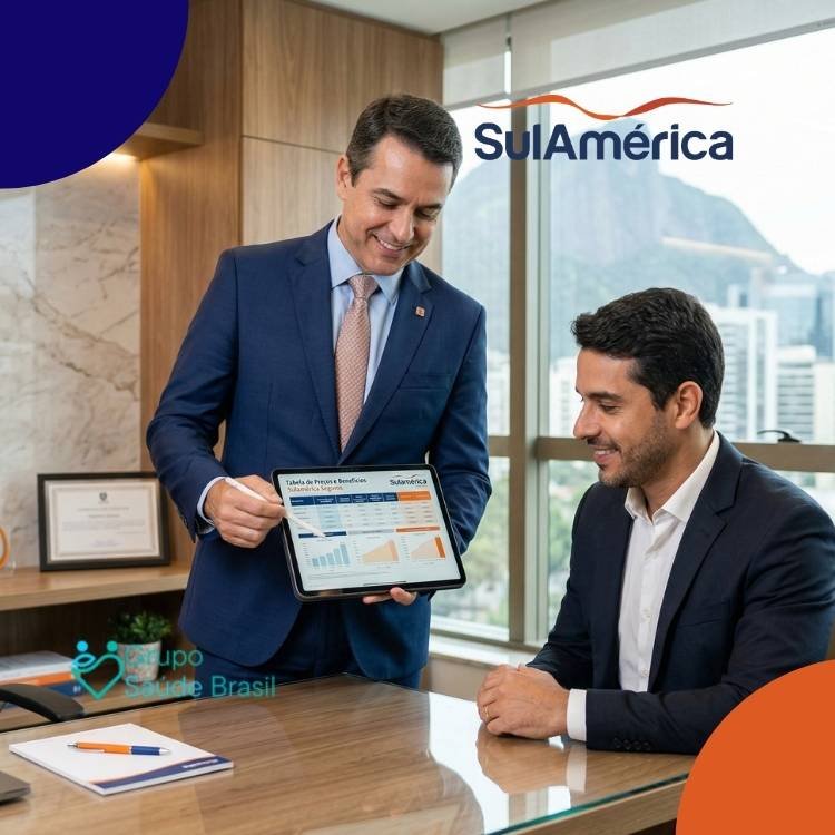 Corretor e cliente analisando a tabela de preços do plano de saúde sulamérica no df